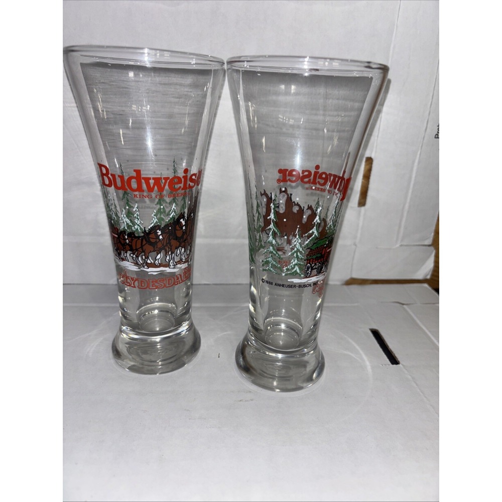 Vtg 1989 Budweiser Pilsner Beer Glasses Clydesdale Winter Holiday Christmas set - Picture 2 of 5